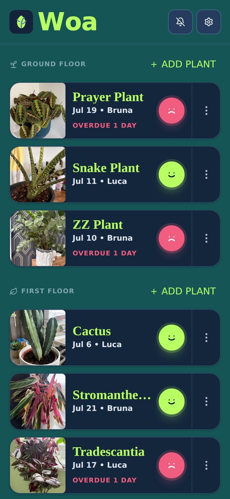 The Woa app: a list of plant cards with photos, happy and thirsty faces, and who watered each plant last